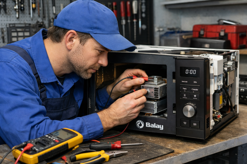 Técnico revisando magnetrón de microondas Balay en taller con logotipo visible