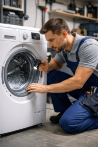 Técnico revisando lavadora Balay con problemas de centrifugado