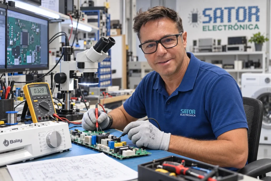 Guillermo reparando una placa electrónica Balay en Sator Electrónica