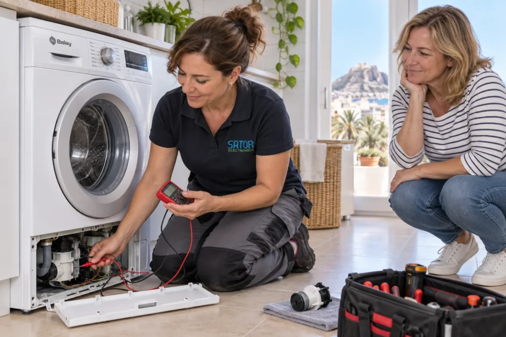 Técnica de Sator reparando una lavadora Balay a domicilio en Alicante