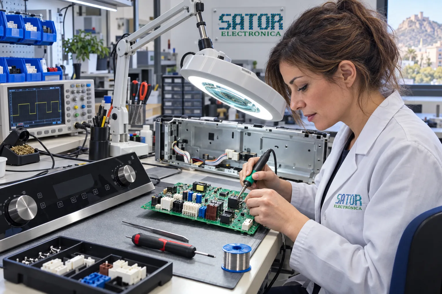 Técnica de Sator reparando una placa electrónica de horno Balay